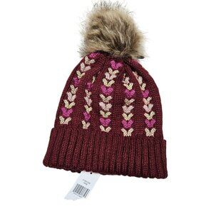 NWT Knitted‎ Winter Beanie With Faux Fur Pom Pom Burgundy Multicolor For Adults